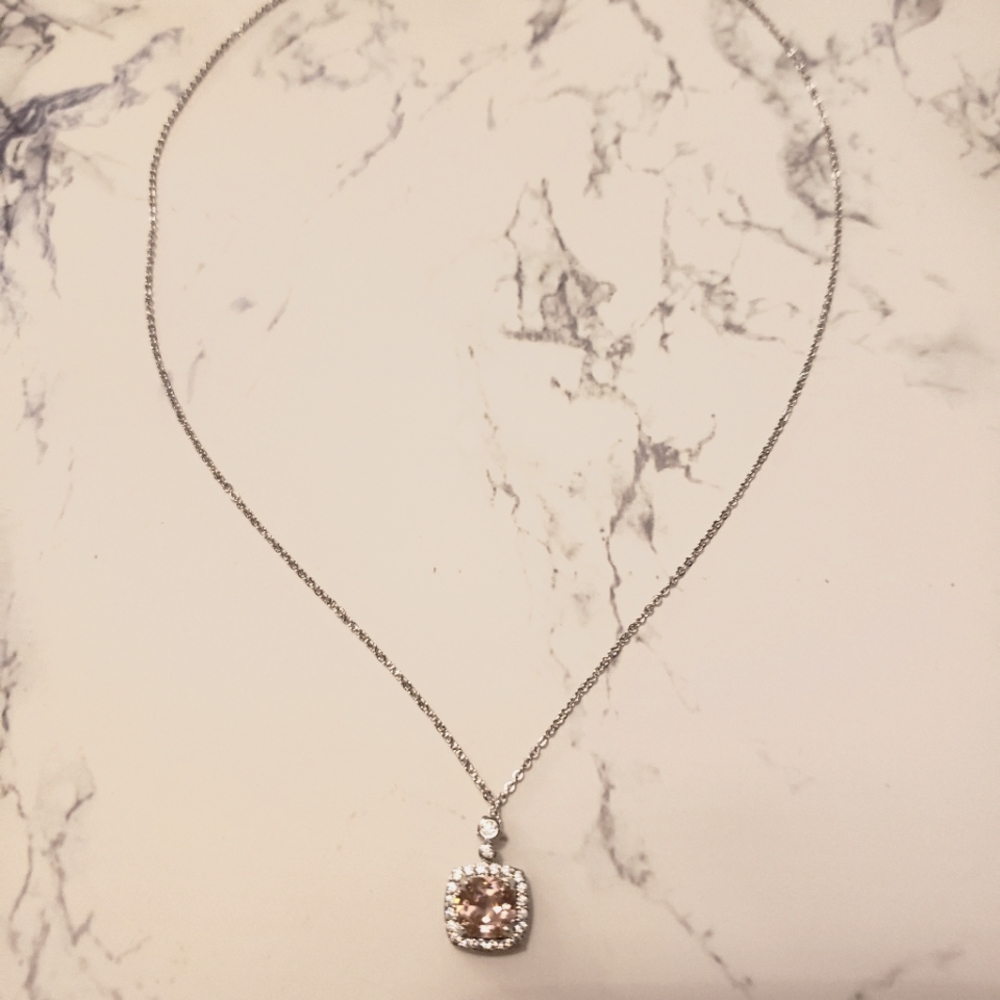 Pink Cubic Zirconia Halo Cushion Pendant Necklace